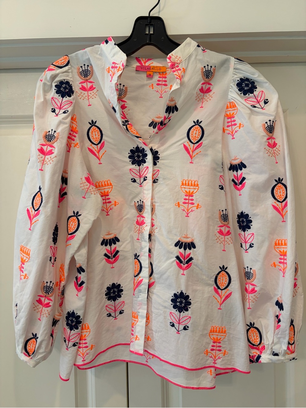 Vilagallo White Button-Front Blouse with Neon Pink, Orange & Navy Embroidery